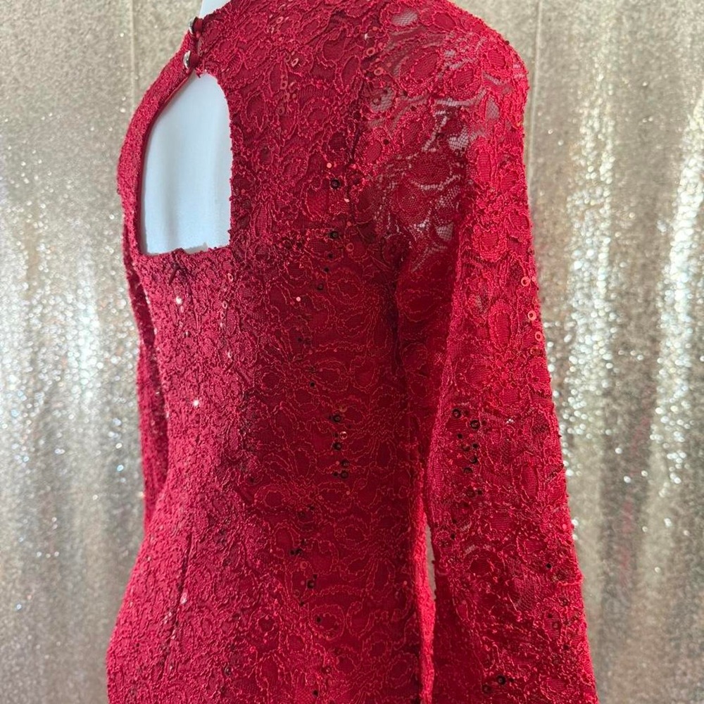 Red Lace Sequin Midi Dress V-Neck 3/4 Sleeve Back CutoutParty/Sizes S-M-L - Picture 7 of 8
